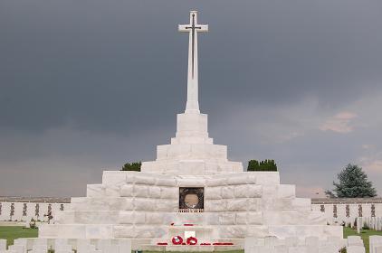 The Cross of Sacrifice at Tyne Cot Cemetery, Zonnebeke, Ypres Salient Battlefields, Belgium. This is the largest Commonwealth military cemetery in the world and a resting place for 11,954. {RBL; Ian Humphreys}